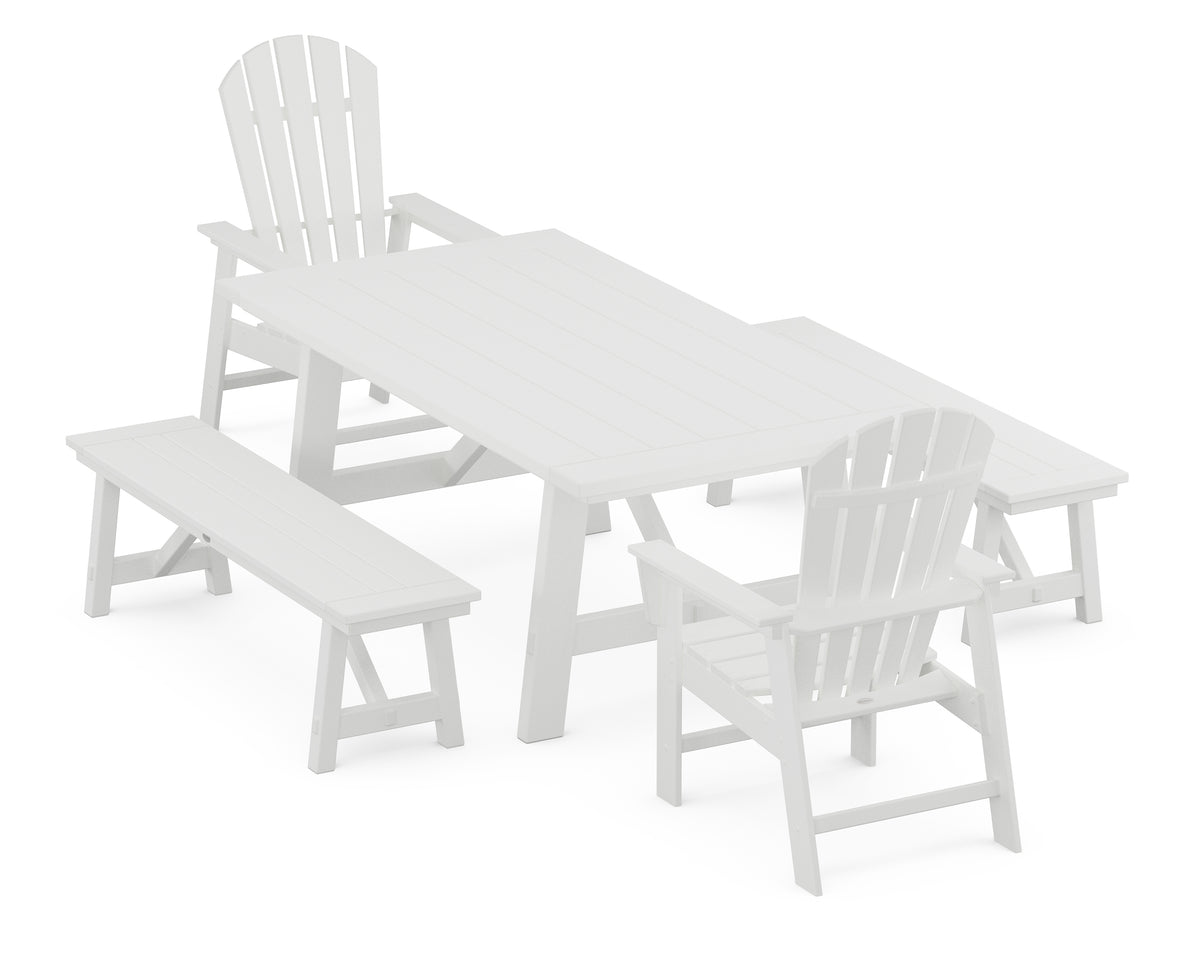 POLYWOOD South Beach 5-Piece Rustic Farmhouse Dining Set with Benches in White