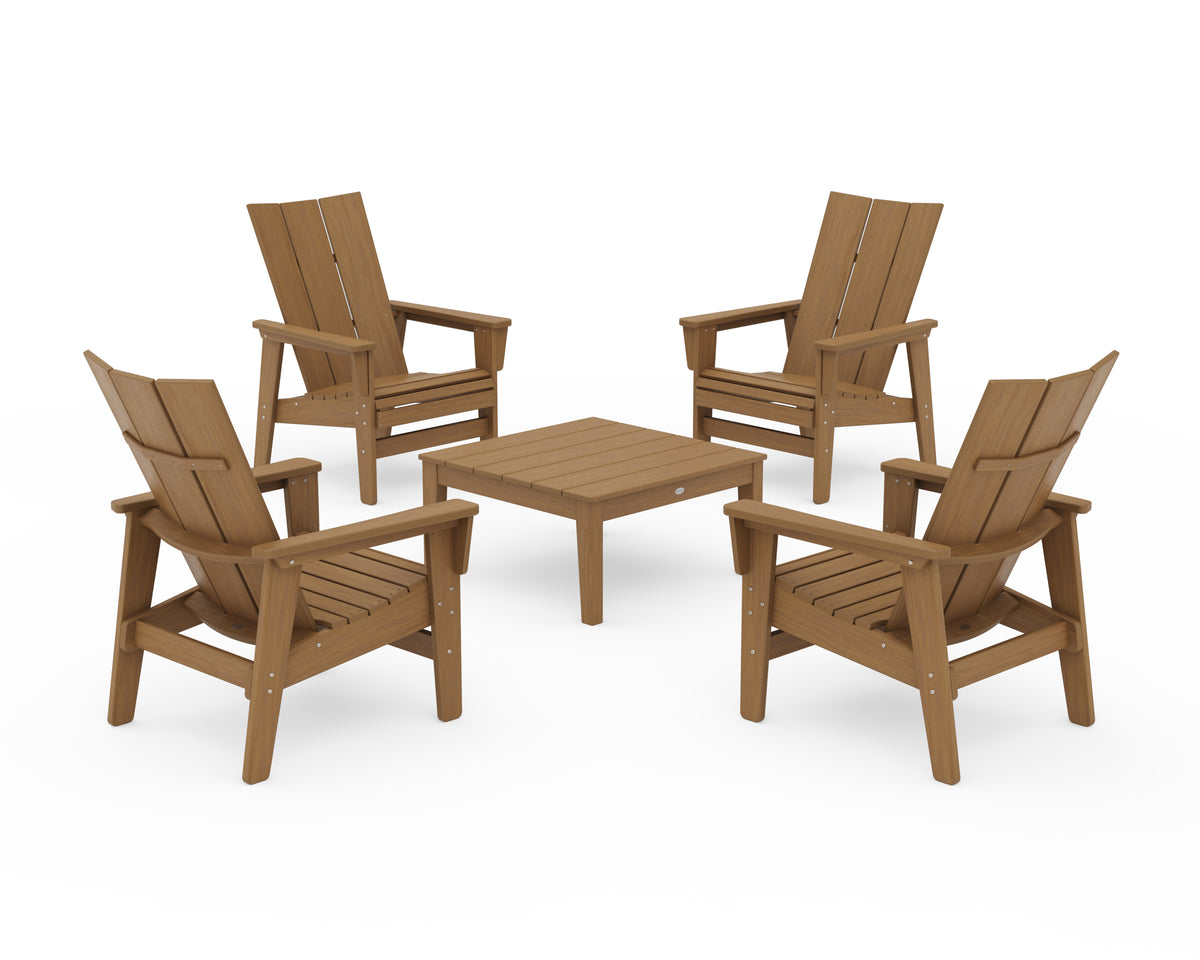 POLYWOOD 5-Piece Modern Grand Upright Adirondack Chair Conversation Group in Natural