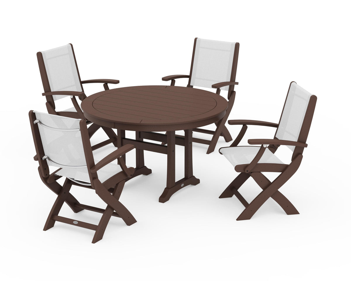 POLYWOOD Coastal Folding Chair 5-Piece Round Dining Set with Trestle Legs in Mahogany / White
