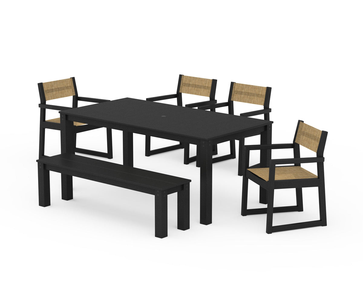 POLYWOOD EDGE Sling Arm Chair 6-Piece Parsons Dining Set with Bench in Black / Burlap