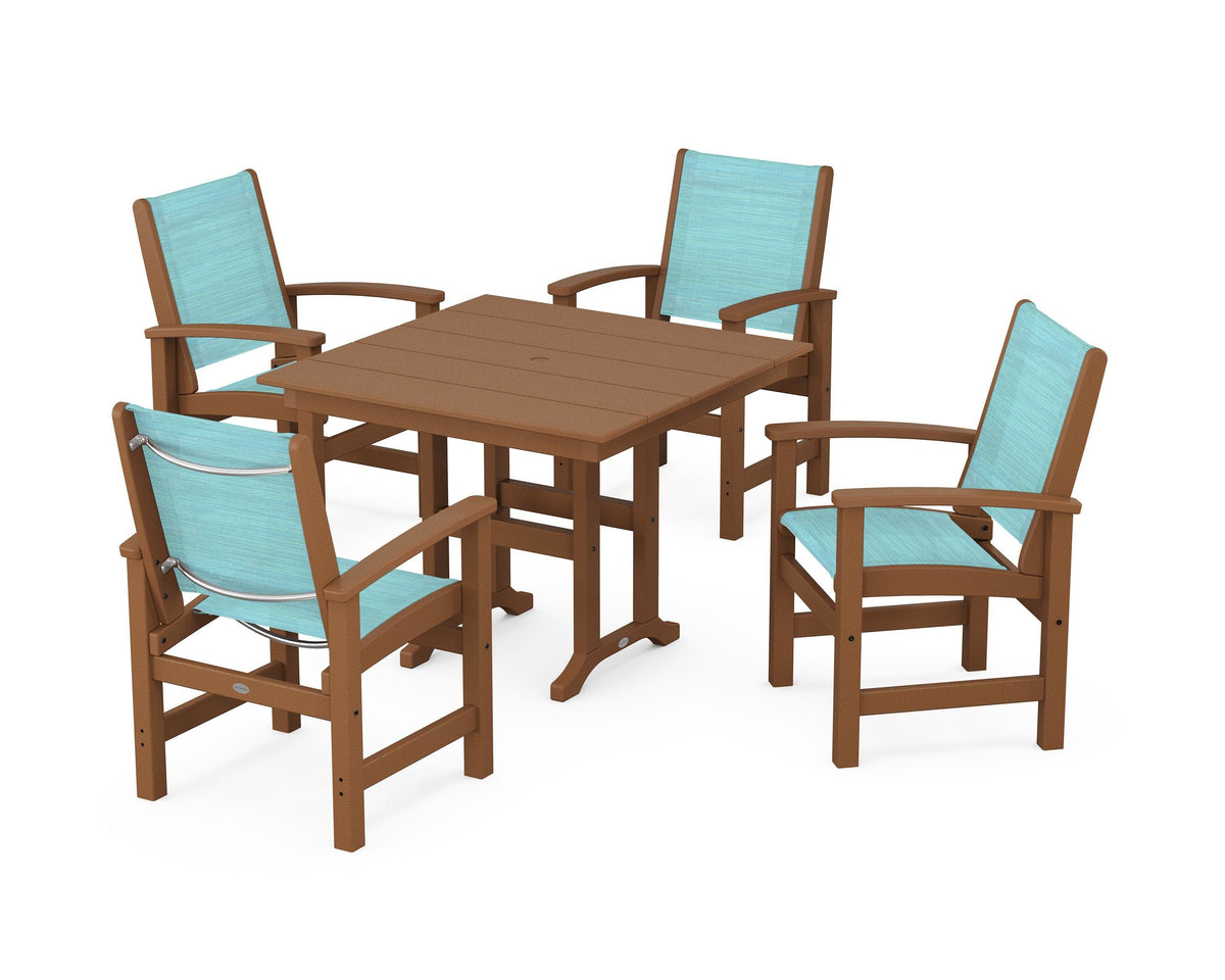 POLYWOOD Coastal 5-Piece Farmhouse Dining Set with Farmhouse 37" Dining Table in Teak / Dupioni Aquamarine