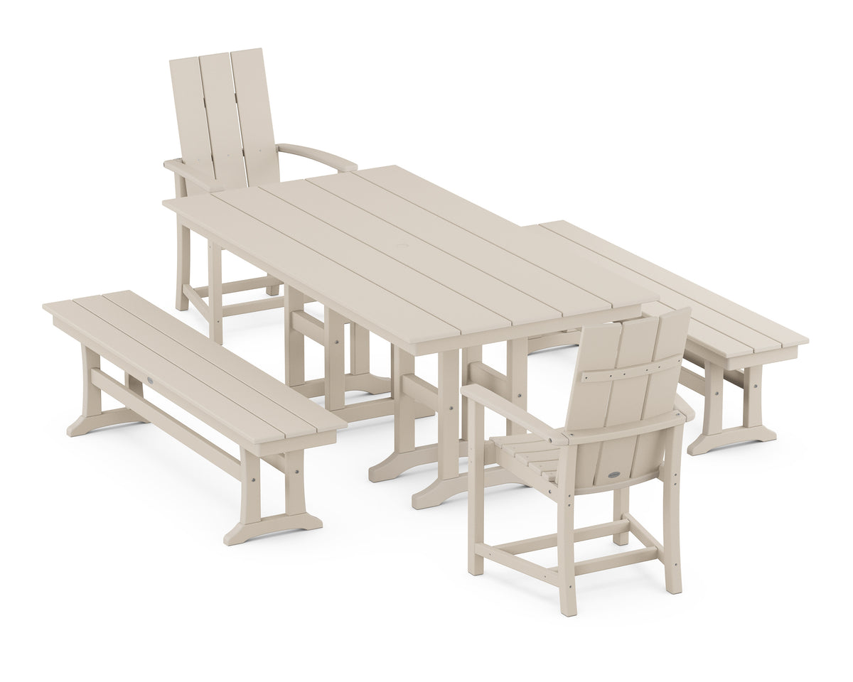 POLYWOOD Modern Adirondack 5-Piece Farmhouse Dining Set with Benches - 37" x 72" Table in Sand