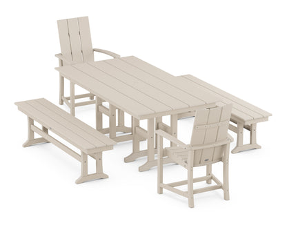 POLYWOOD Modern Adirondack 5-Piece Farmhouse Dining Set with Benches - 37" x 72" Table in Sand