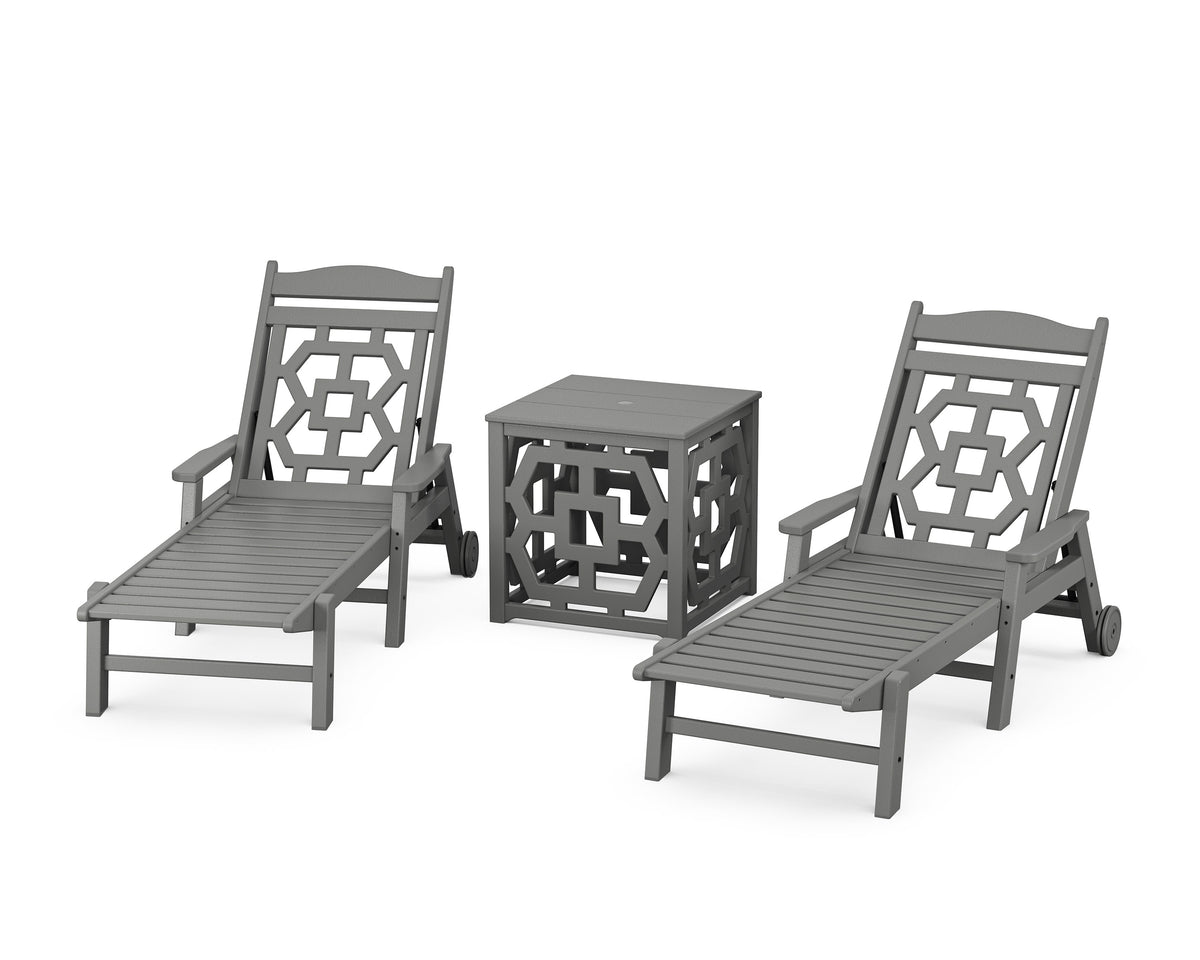 POLYWOOD Chinoiserie 3-Piece Chaise Set with Umbrella Stand Accent Table in Slate Grey
