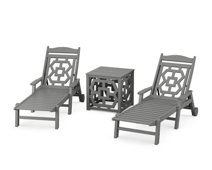 POLYWOOD Chinoiserie 3-Piece Chaise Set with Umbrella Stand Accent Table in Slate Grey