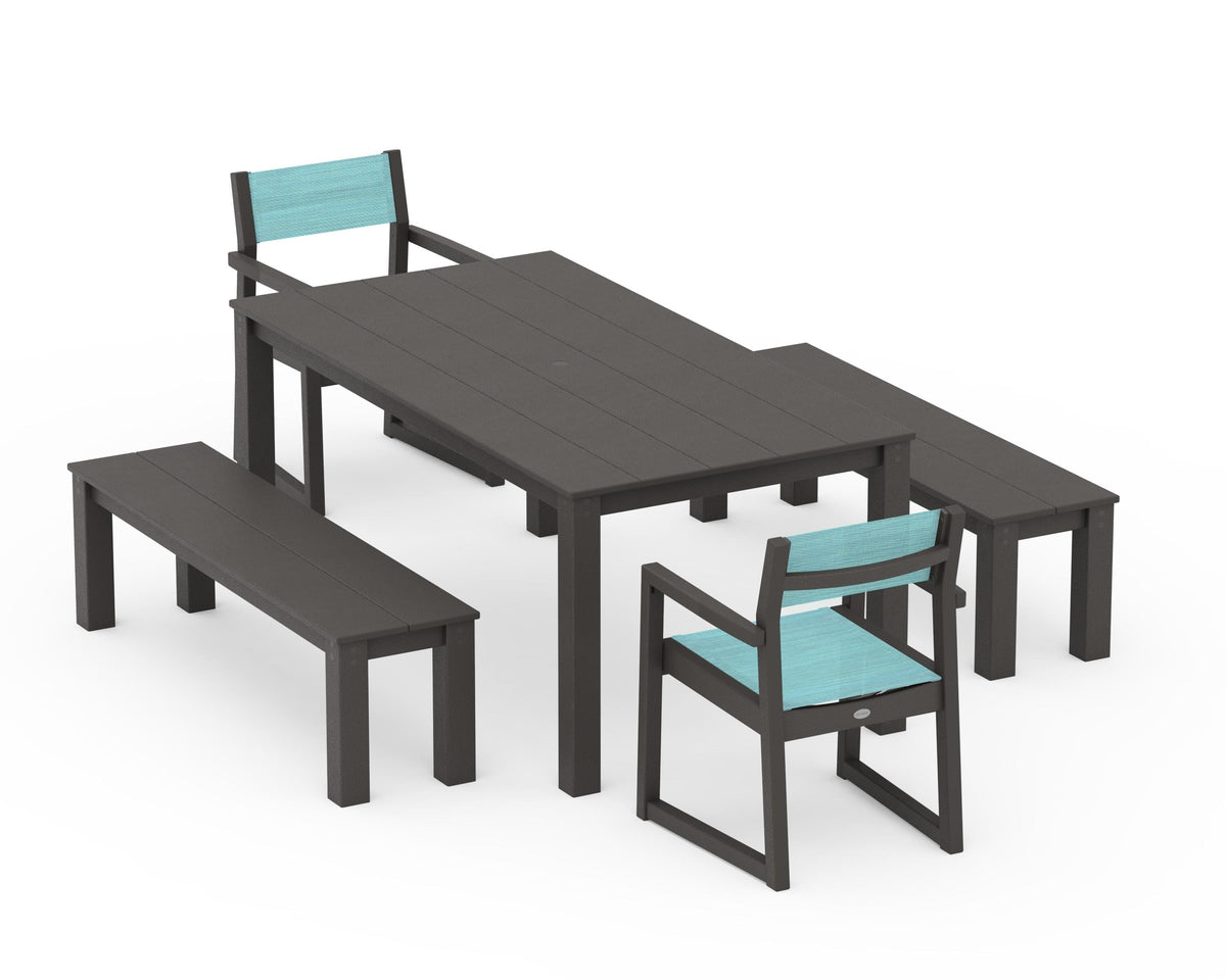 POLYWOOD EDGE Sling Arm Chair 5-Piece Parsons Dining Set with Benches in Vintage Coffee / Dupioni Aquamarine