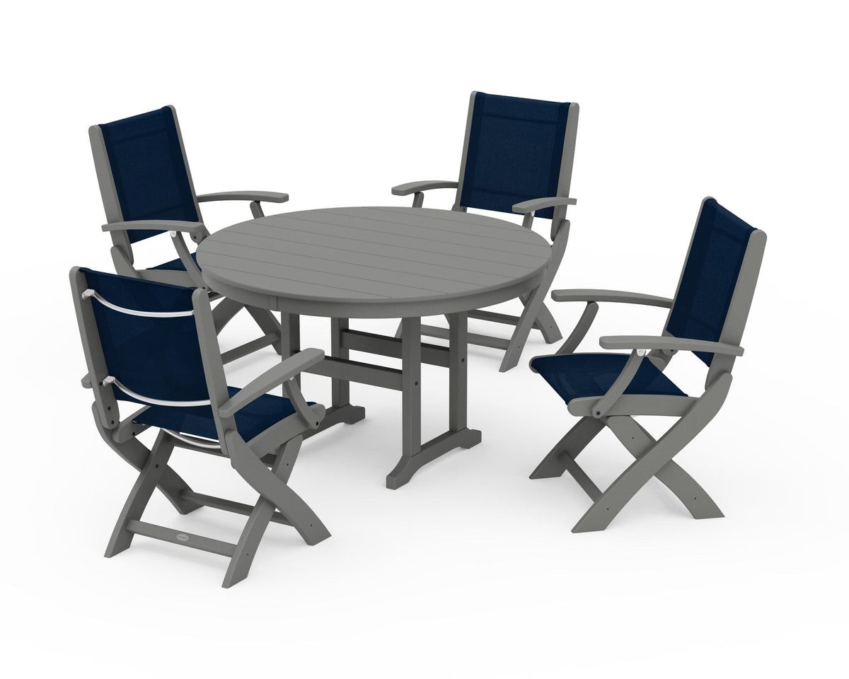 POLYWOOD Coastal Folding Chair 5-Piece Round Dining Set in Slate Grey / Navy Blue