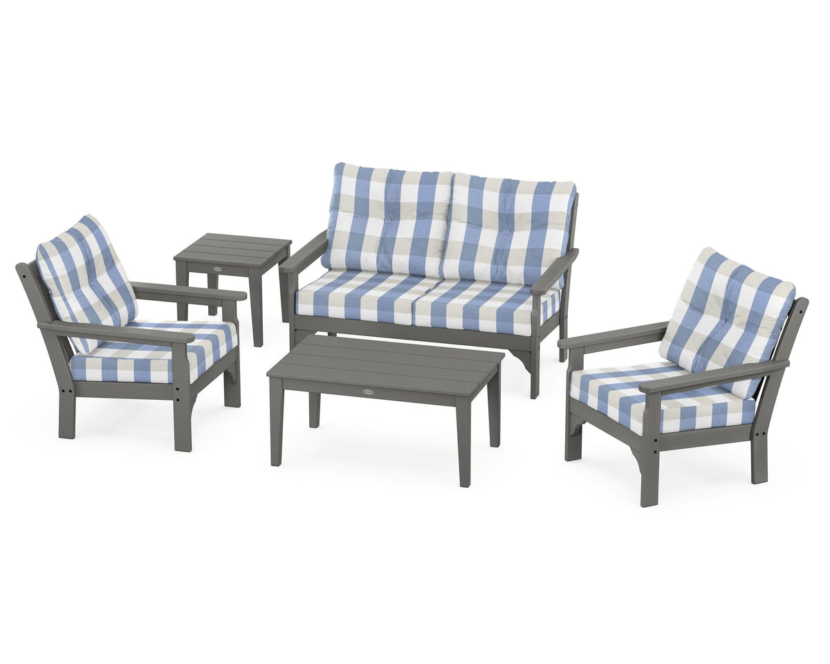 POLYWOOD Vineyard 5-Piece Deep Seating Set with Two Chairs and Loveseat in Slate Grey / Buffalo Plaid Sky Blue