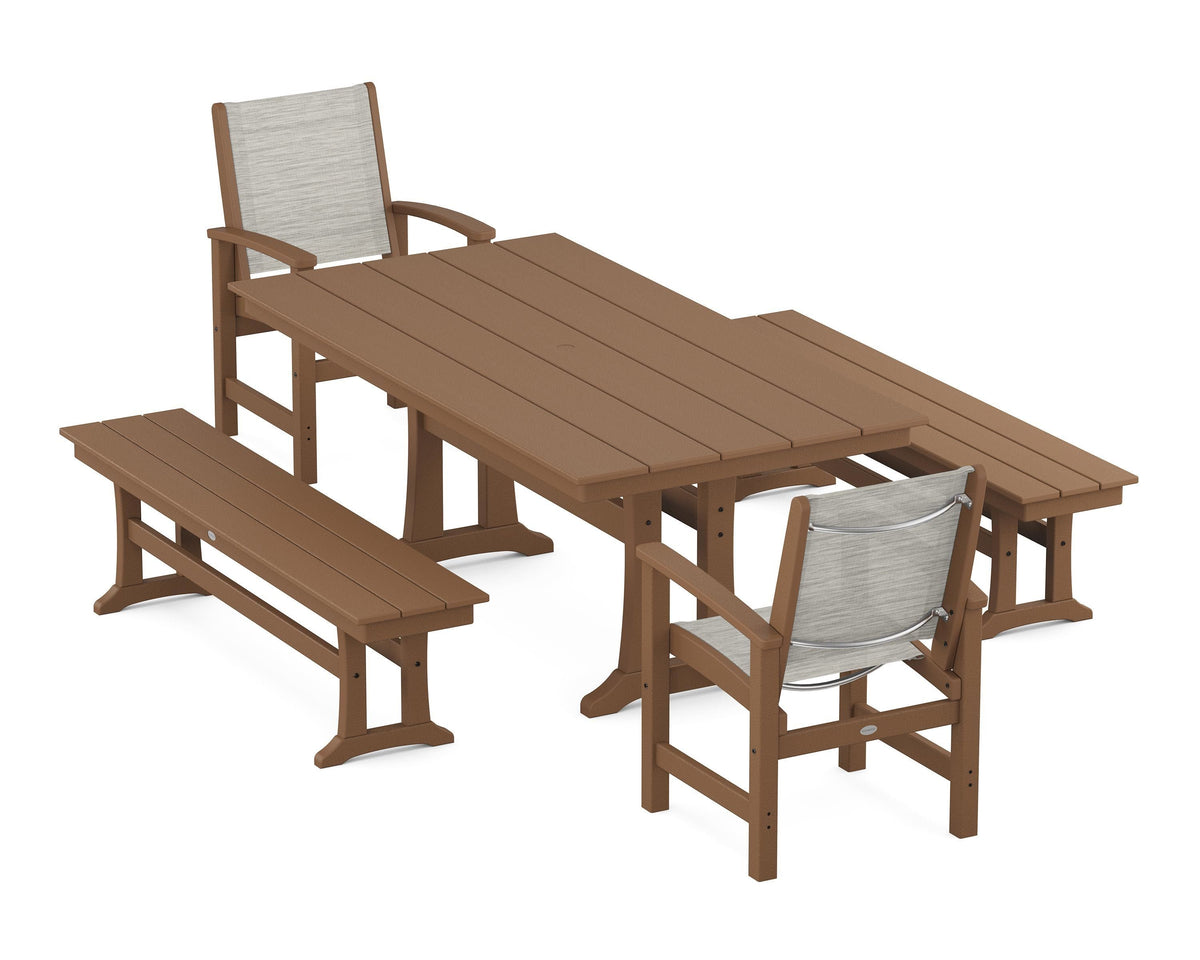POLYWOOD Coastal 5-Piece Farmhouse Dining Set with Trestle Legs and Benches in Teak / Birch