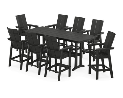 POLYWOOD Modern Curveback Adirondack 9-Piece Farmhouse Bar Set with Trestle Legs in Black