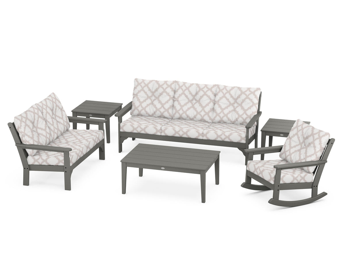 POLYWOOD Vineyard 6-Piece Deep Seating Set with Rocking Chair in Slate Grey / Trellis Dune Burlap
