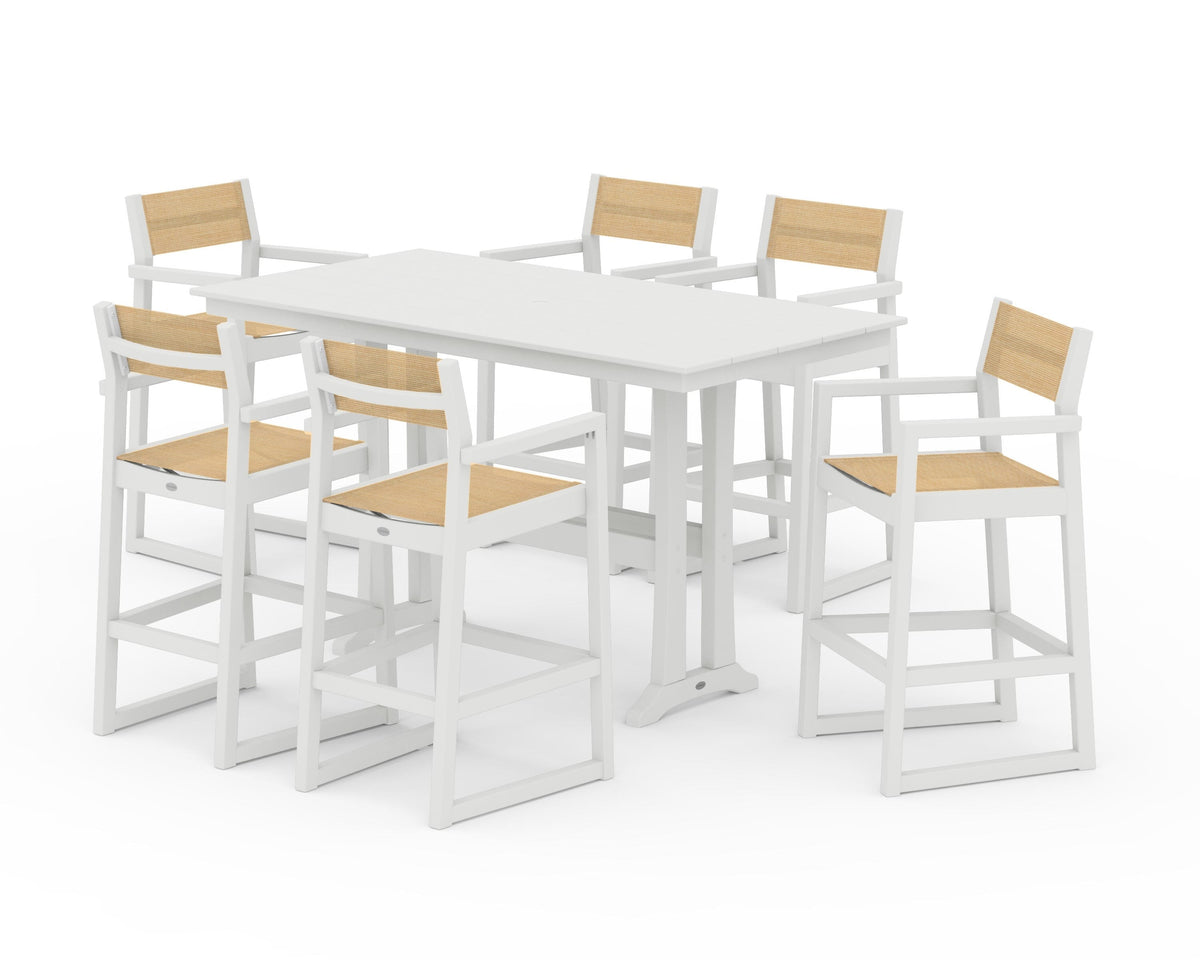 POLYWOOD EDGE Sling Arm Chair 7-Piece Farmhouse Bar Set with Trestle Legs in Vintage White / Dupioni Apricot