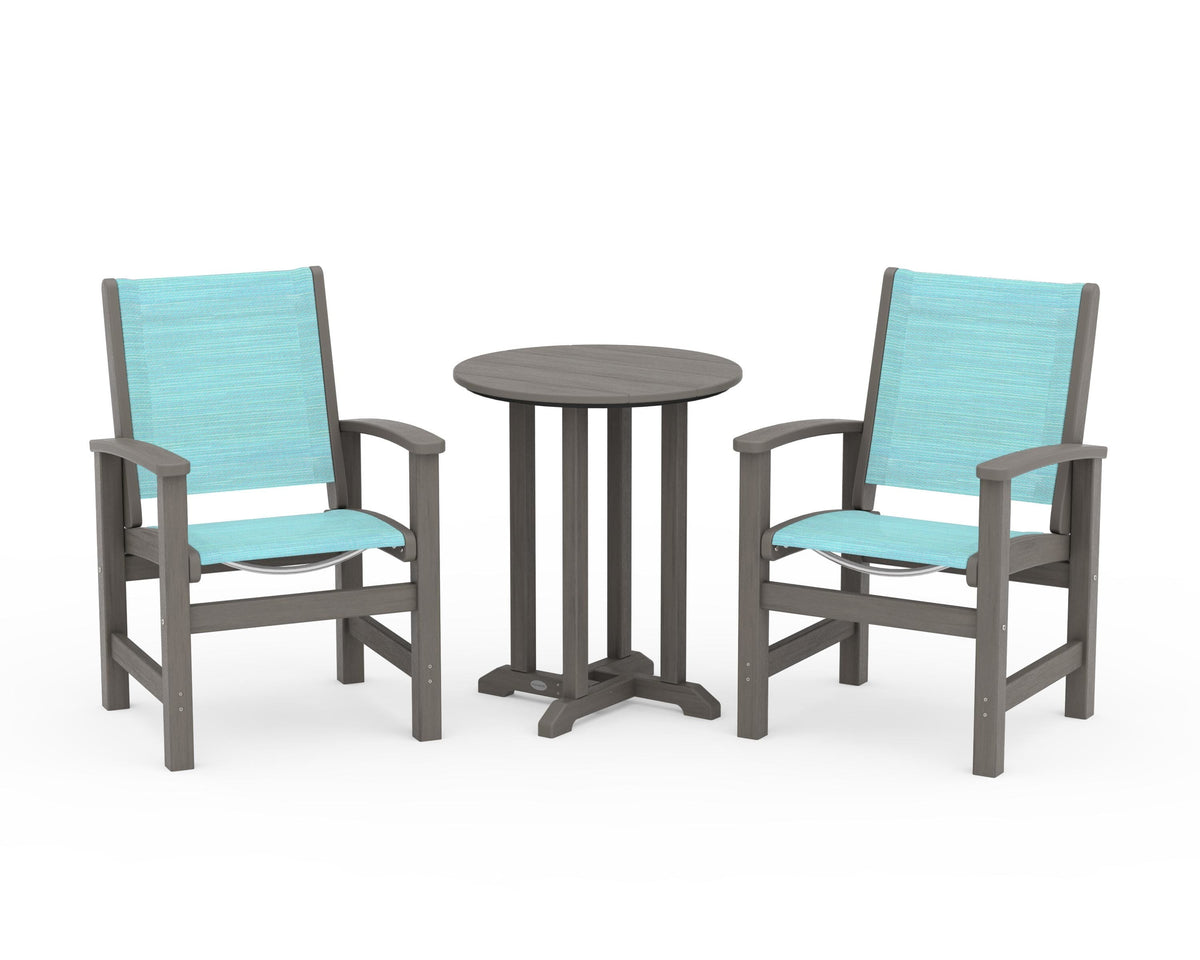 POLYWOOD Coastal 3-Piece Round Bistro Dining Set in Driftwood / Dupioni Aquamarine