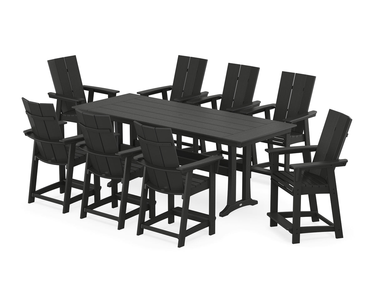 POLYWOOD Modern Curveback Adirondack 9-Piece Farmhouse Counter Set with Trestle Legs in Black