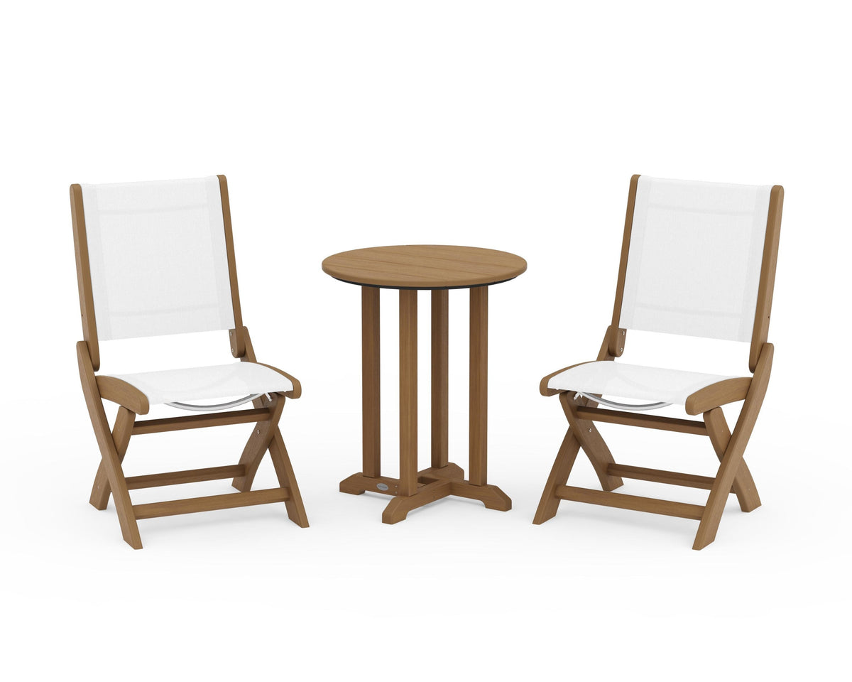 POLYWOOD Coastal Folding Side Chair 3-Piece Round Bistro Dining Set in Natural / White