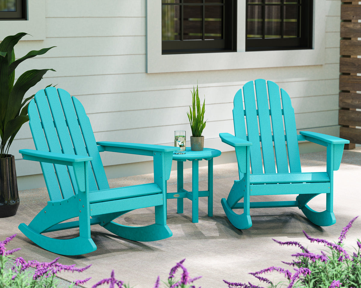 POLYWOOD Vineyard 3-Piece Adirondack Rocking Chair Set with 18" Round Table in Aruba in an outdoor setting