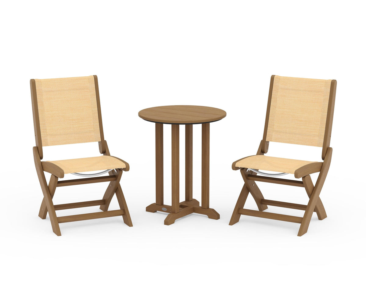 POLYWOOD Coastal Folding Side Chair 3-Piece Round Bistro Dining Set in Natural / Dupioni Apricot