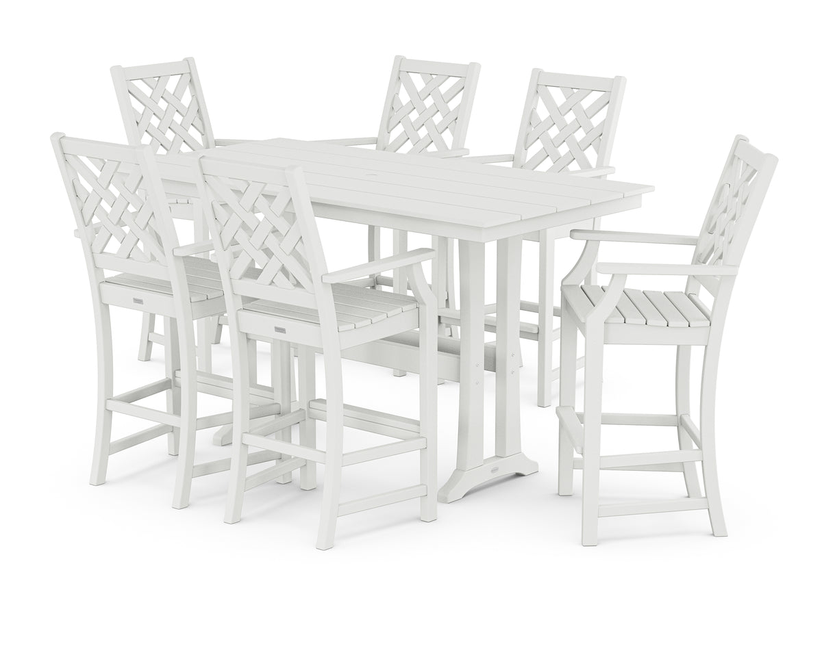POLYWOOD Country Living Wovendale Arm Chair 7-Piece Farmhouse Bar Set with Trestle Legs in White