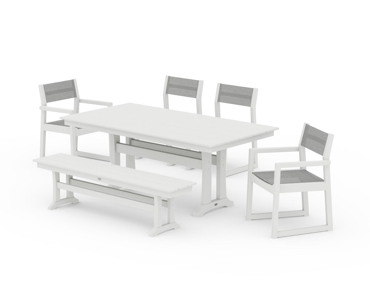 POLYWOOD EDGE Sling 6-Piece Farmhouse Dining Set With Trestle Legs in Vintage White / Metallic