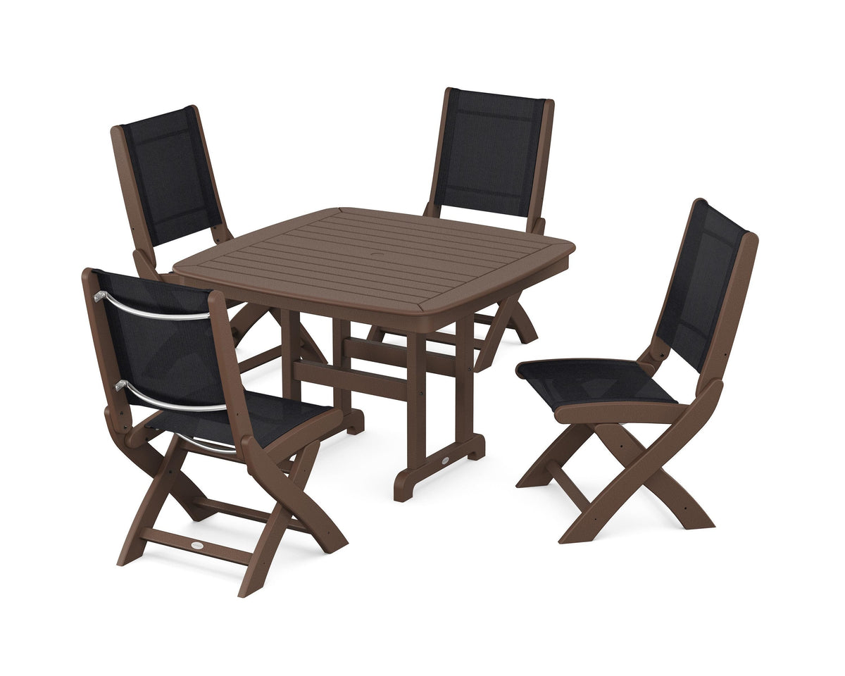 POLYWOOD Coastal Folding Side Chair 5-Piece Dining Set with Nautical 44" Dining Table in Mahogany / Black