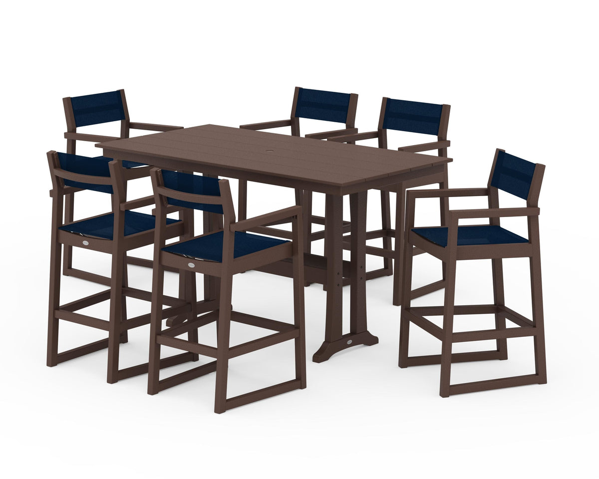 POLYWOOD EDGE Sling Arm Chair 7-Piece Farmhouse Bar Set with Trestle Legs in Mahogany / Navy Blue