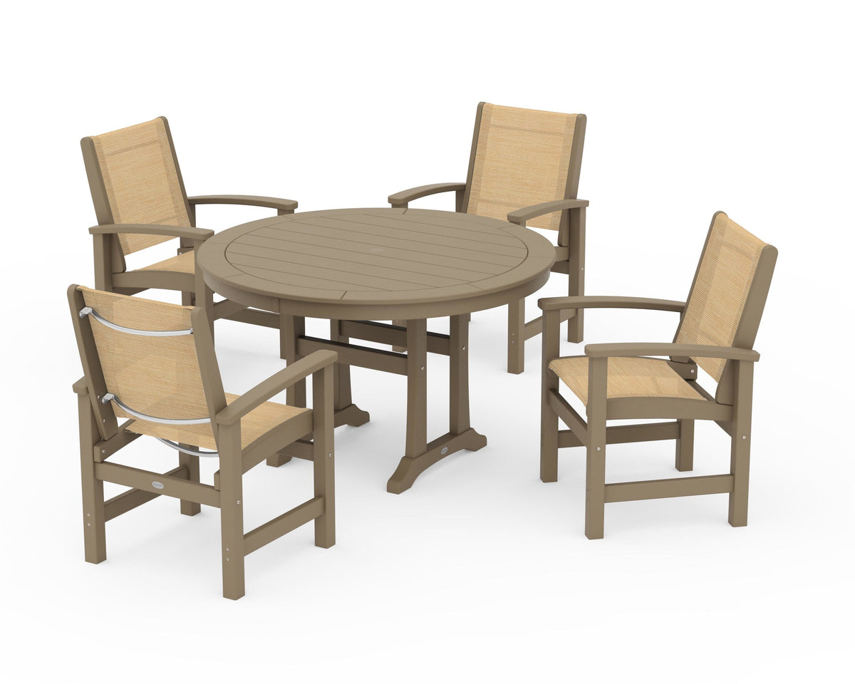 POLYWOOD Coastal 5-Piece Round Dining Set with Trestle Legs in Vintage Sahara / Dupioni Apricot