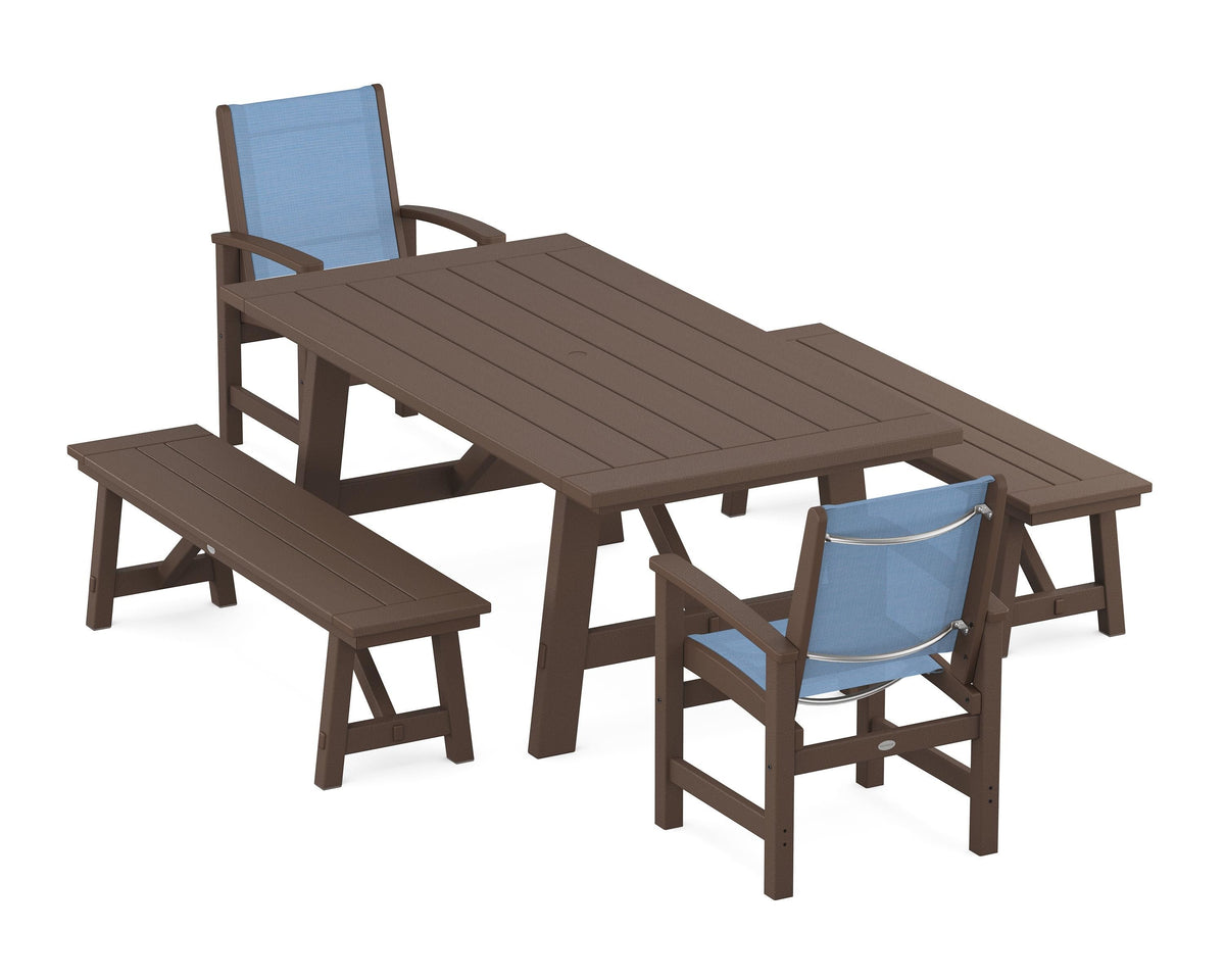 POLYWOOD Coastal 5-Piece Rustic Farmhouse Dining Set With Benches in Mahogany / Poolside