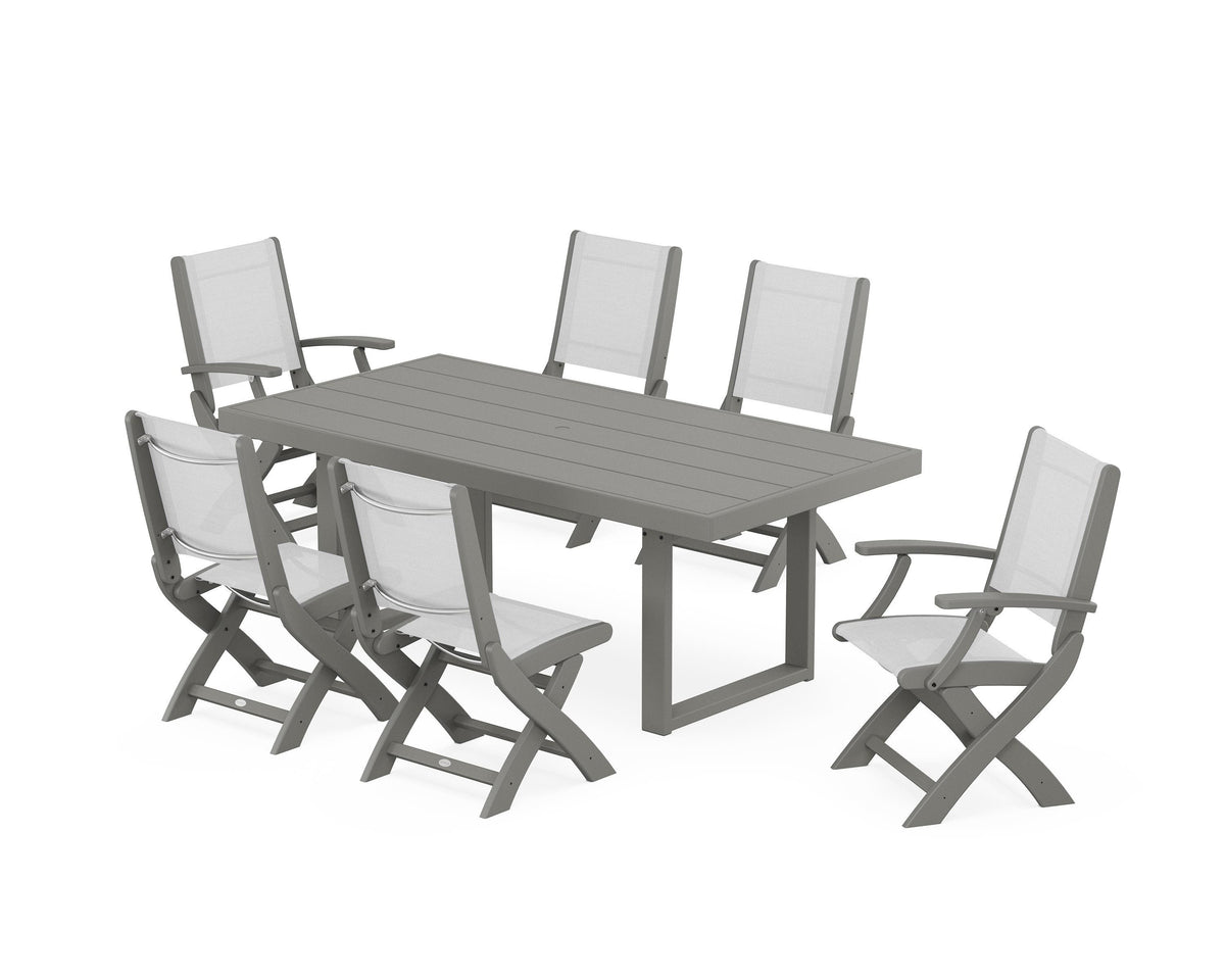 POLYWOOD Coastal Folding Chair 7-Piece Dining Set with Trestle Legs with EDGE 40" x 78" Dining Table in Slate Grey / White