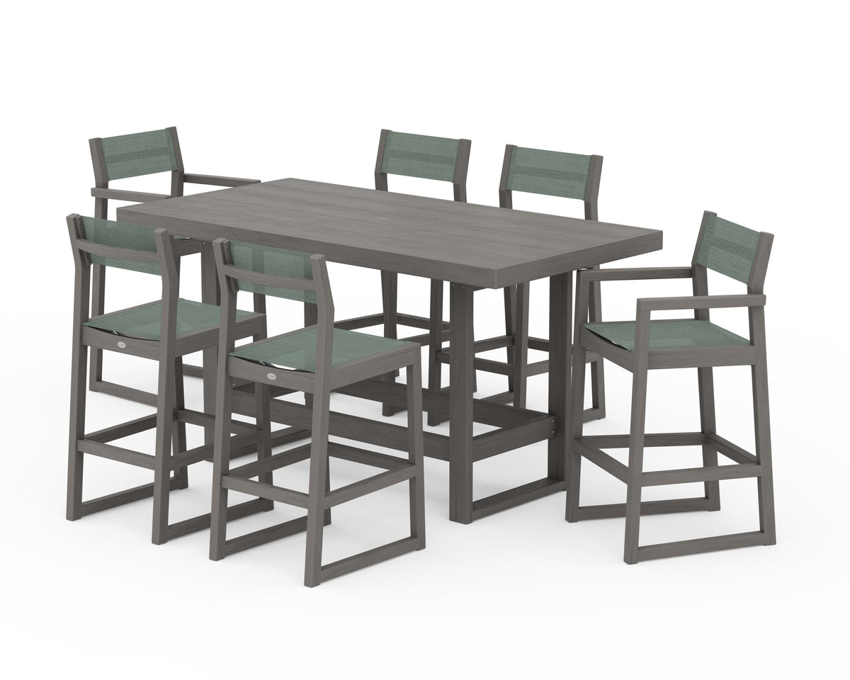 POLYWOOD EDGE Sling 7-Piece Bar Table Set in Driftwood / Dupioni Sea Mist
