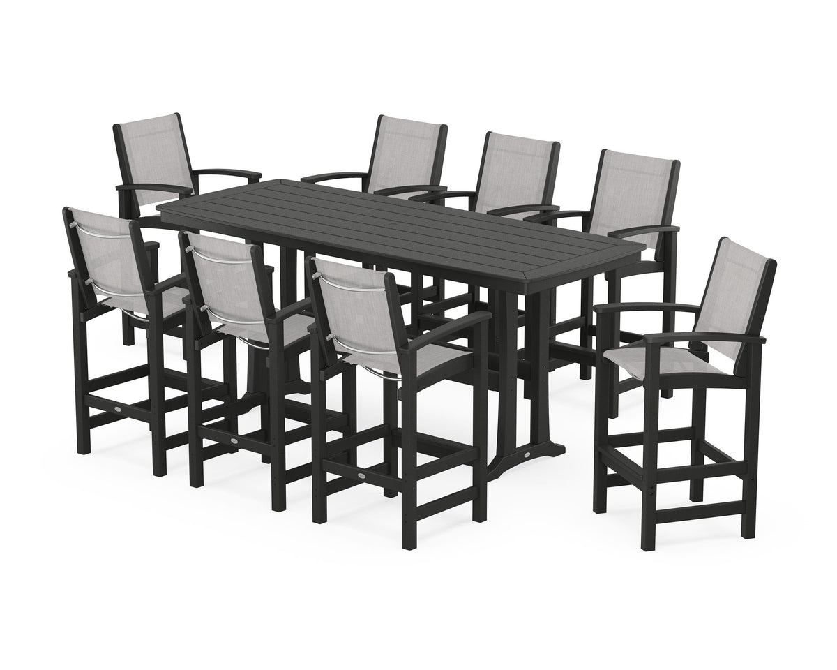 POLYWOOD Coastal 9-Piece Bar Set with Trestle Legs in Black / Parchment