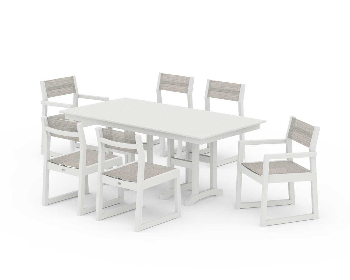 POLYWOOD EDGE Sling 7-Piece Farmhouse Dining Set in Vintage White / Birch