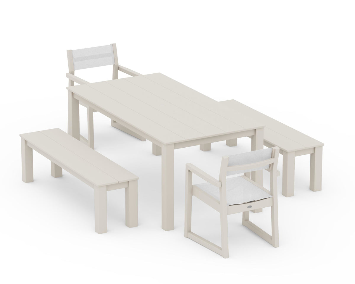 POLYWOOD EDGE Sling Arm Chair 5-Piece Parsons Dining Set with Benches in Sand / White