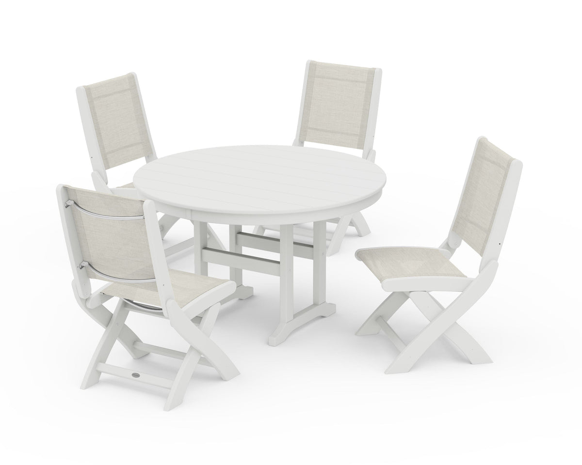 POLYWOOD Coastal Folding Side Chair 5-Piece Round Dining Set in Vintage White / Parchment