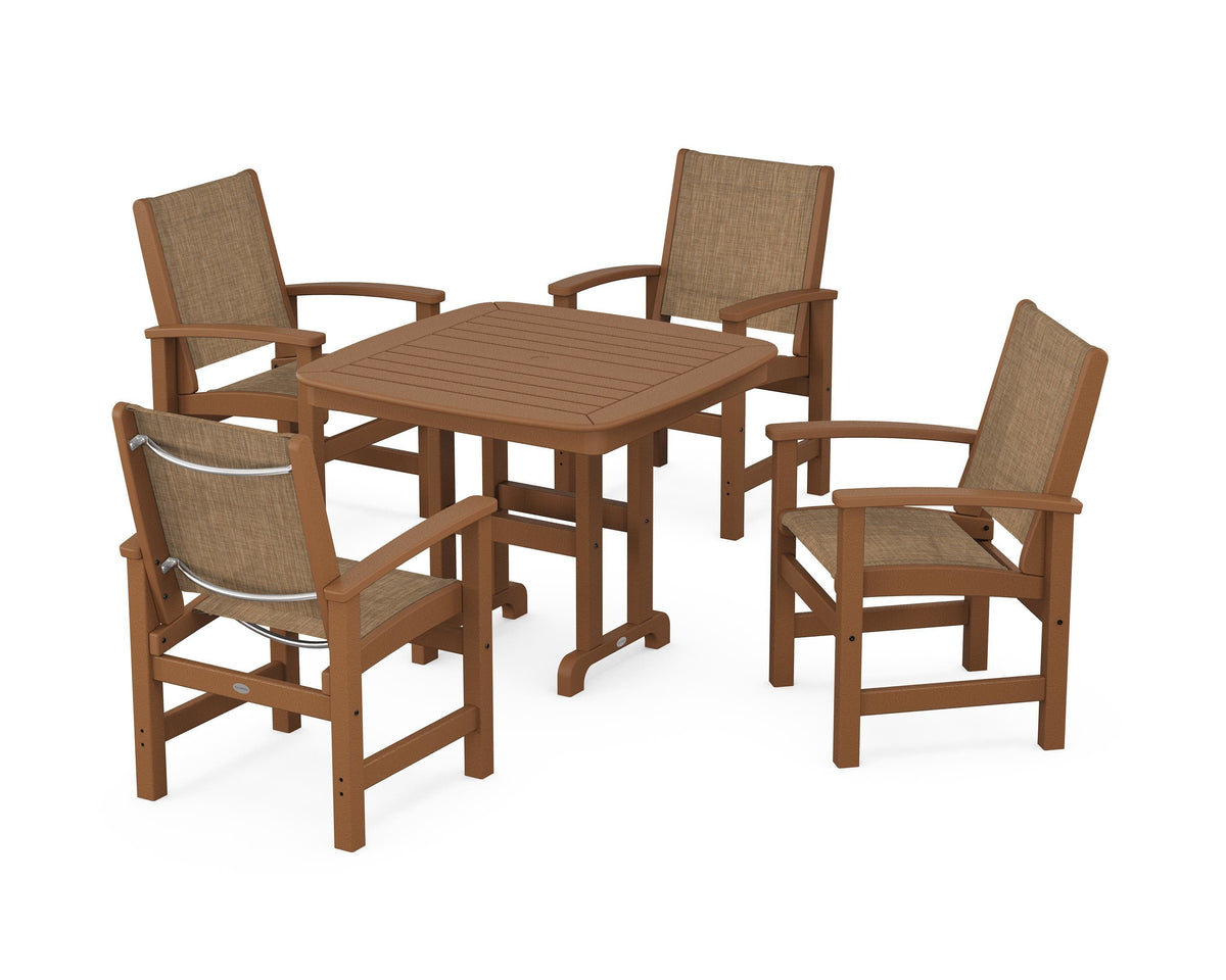 POLYWOOD Coastal 5-Piece Dining Set with Nautical 37" Dining Table in Teak / Burlap