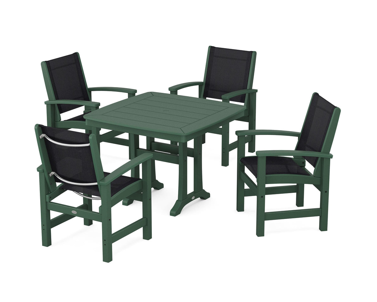 POLYWOOD Coastal 5-Piece Dining Set with Trestle Legs with Nautical Trestle 37" Dining Table in Green / Black
