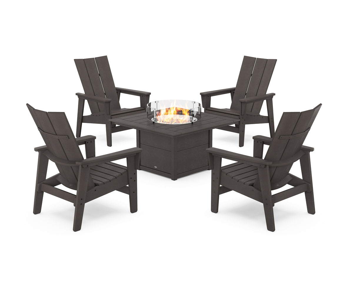 POLYWOOD 5-Piece Modern Grand Upright Adirondack Conversation Set with Fire Pit Table in Vintage Coffee