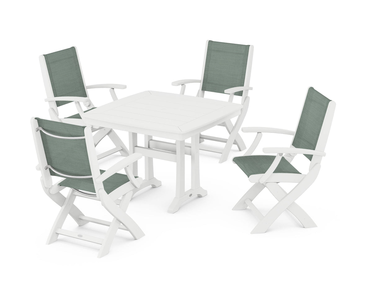 POLYWOOD Coastal Folding Chair 5-Piece Dining Set with Trestle Legs in White / Dupioni Sea Mist