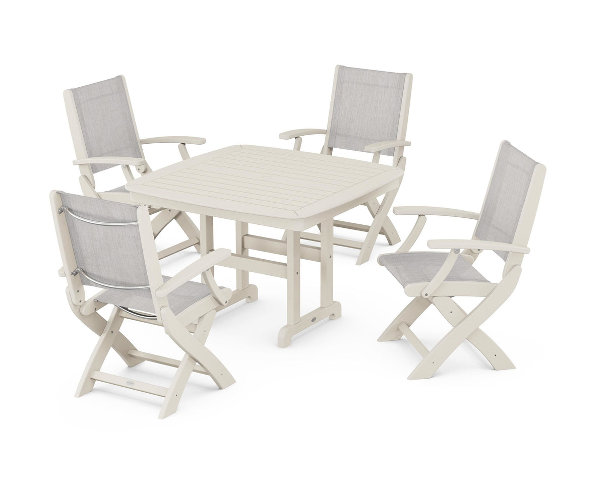 POLYWOOD Coastal Folding Chair 5-Piece Dining Set with Nautical 44" Dining Table in Sand / Parchment