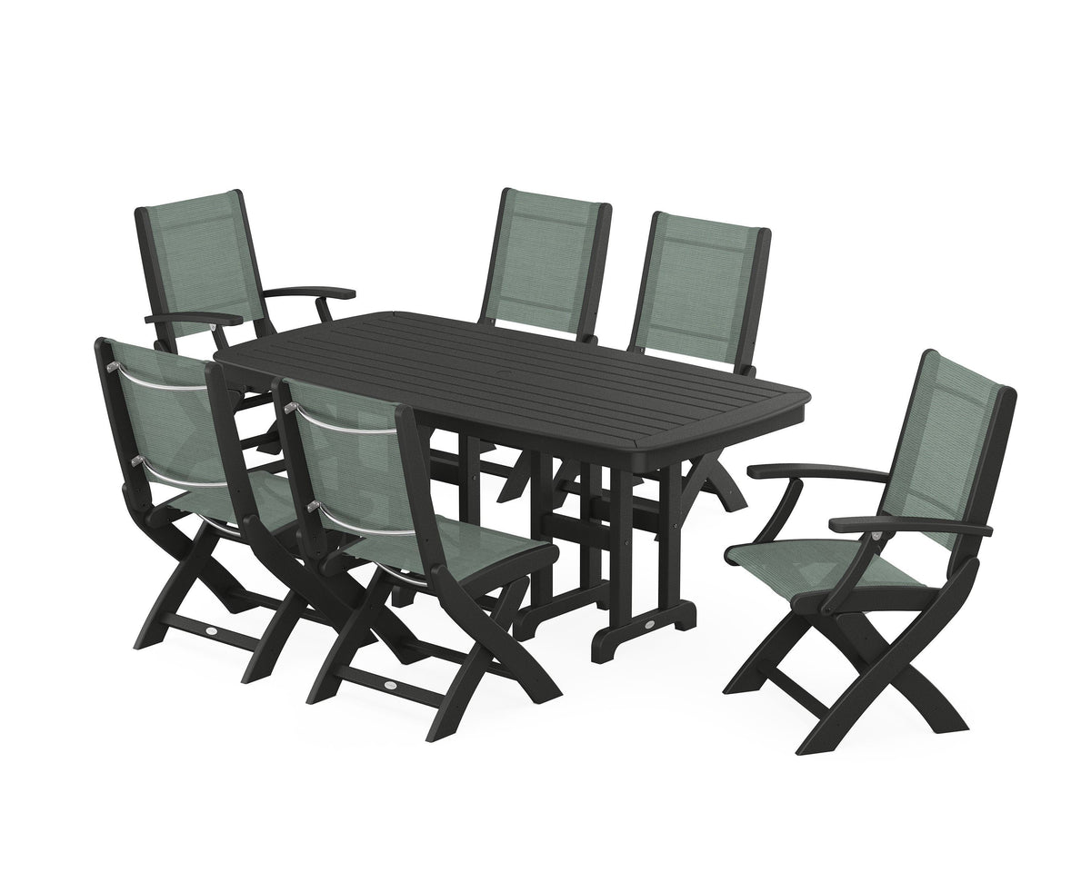 POLYWOOD Coastal Folding Chair 7-Piece Dining Set in Black / Dupioni Sea Mist