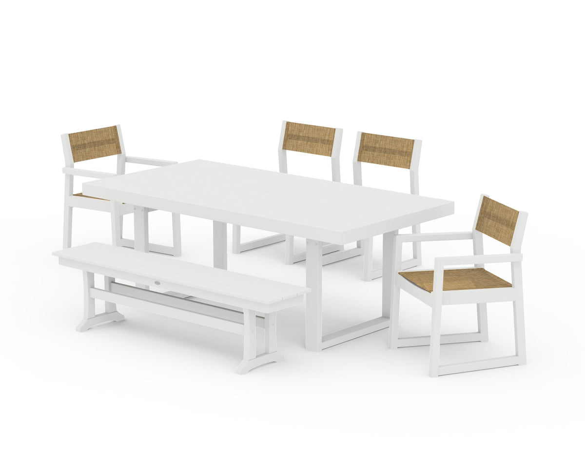POLYWOOD EDGE Sling 6-Piece Dining Set with Bench in White / Burlap
