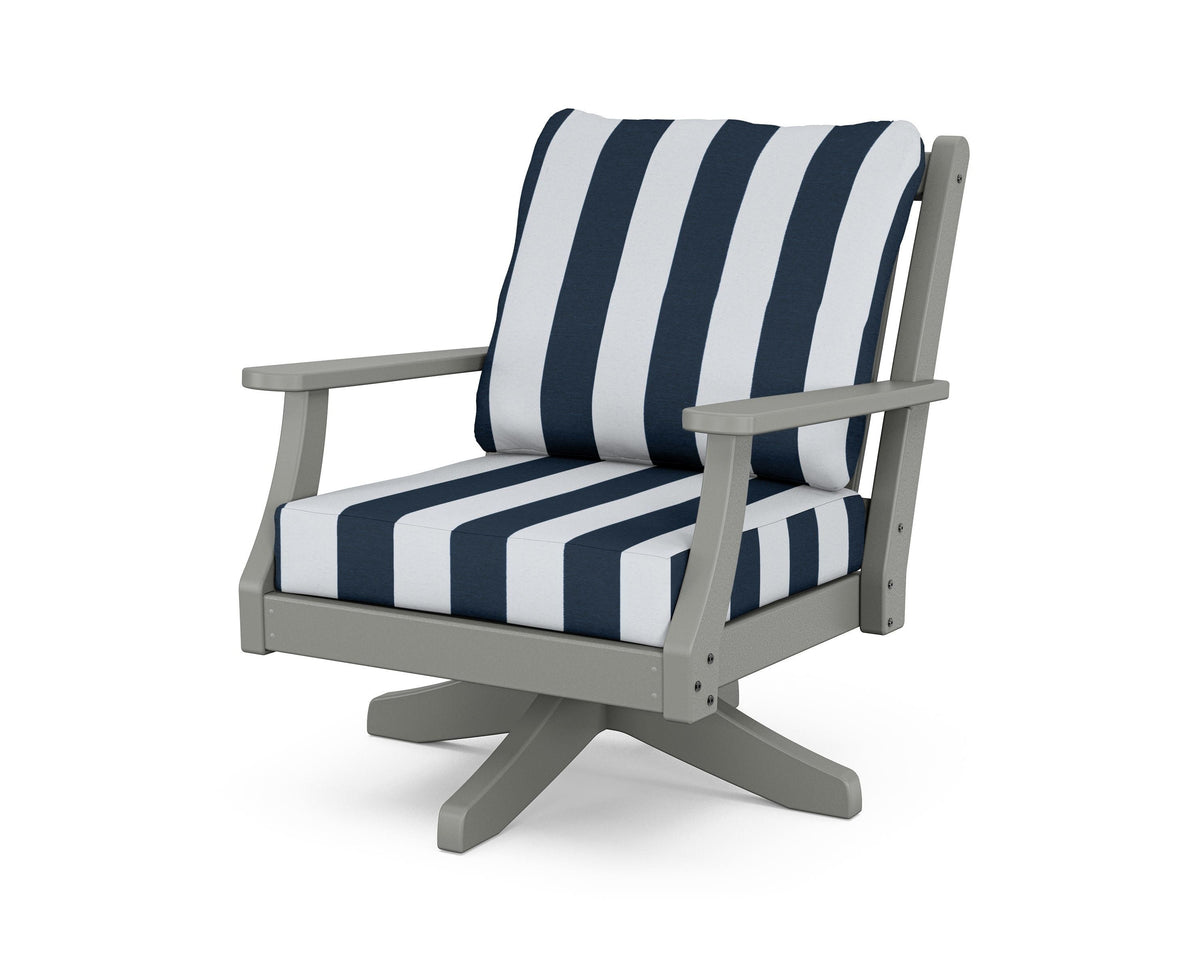 POLYWOOD Wovendale Deep Seating Swivel Chair in Slate Grey / Cabana Stripe Marine Indigo
