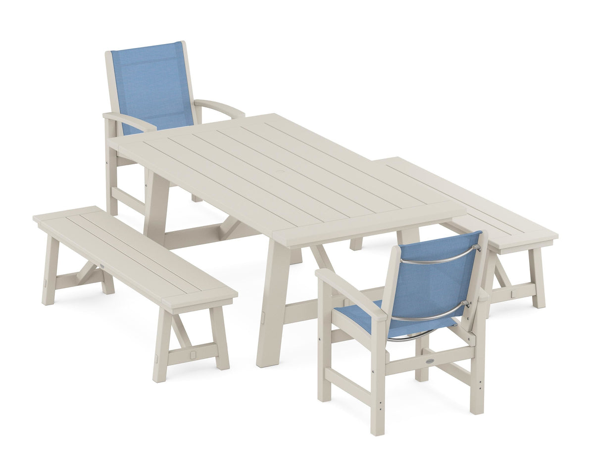 POLYWOOD Coastal 5-Piece Rustic Farmhouse Dining Set With Benches in Sand / Poolside