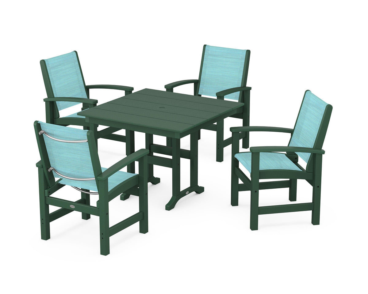 POLYWOOD Coastal 5-Piece Farmhouse Dining Set with Farmhouse 37" Dining Table in Green / Dupioni Aquamarine