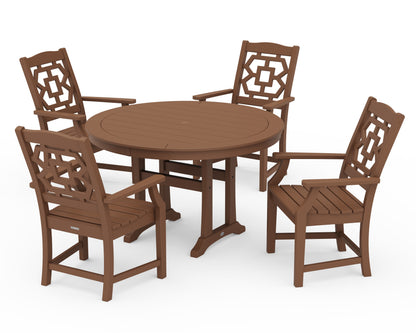 POLYWOOD Chinoiserie 5-Piece Round Dining Set with Trestle Legs in Teak
