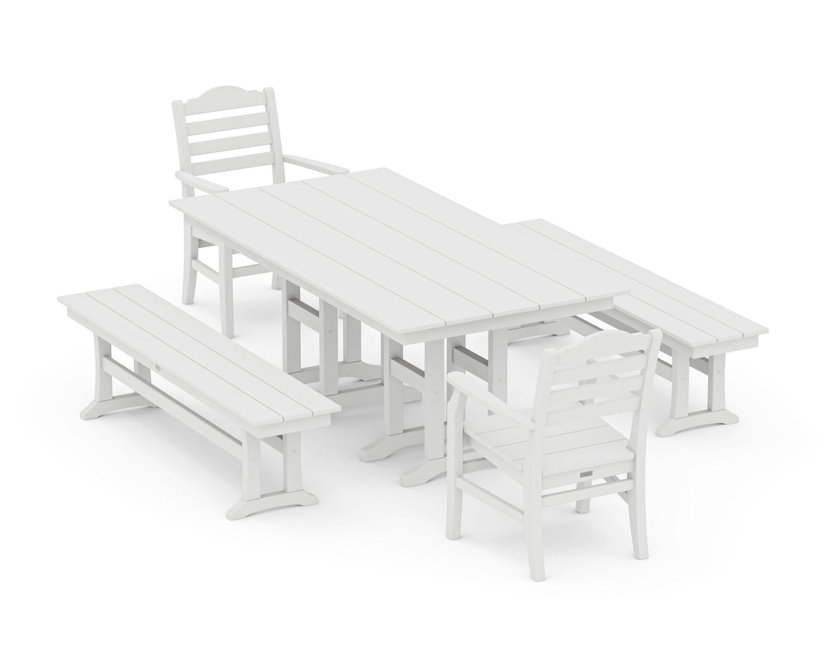 POLYWOOD Savannah 5-Piece Farmhouse Dining Set with Benches in Vintage White