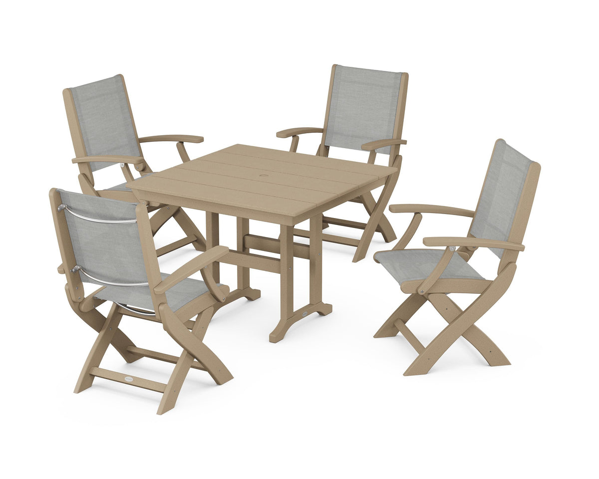 POLYWOOD Coastal Folding Chair 5-Piece Farmhouse Dining Set in Vintage Sahara / Metallic