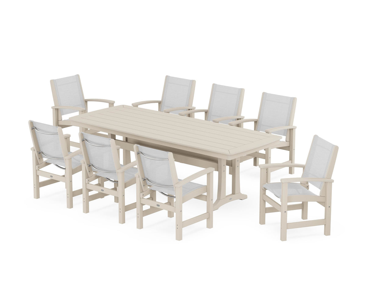 POLYWOOD Coastal 9-Piece Dining Set with Trestle Legs in Sand / White