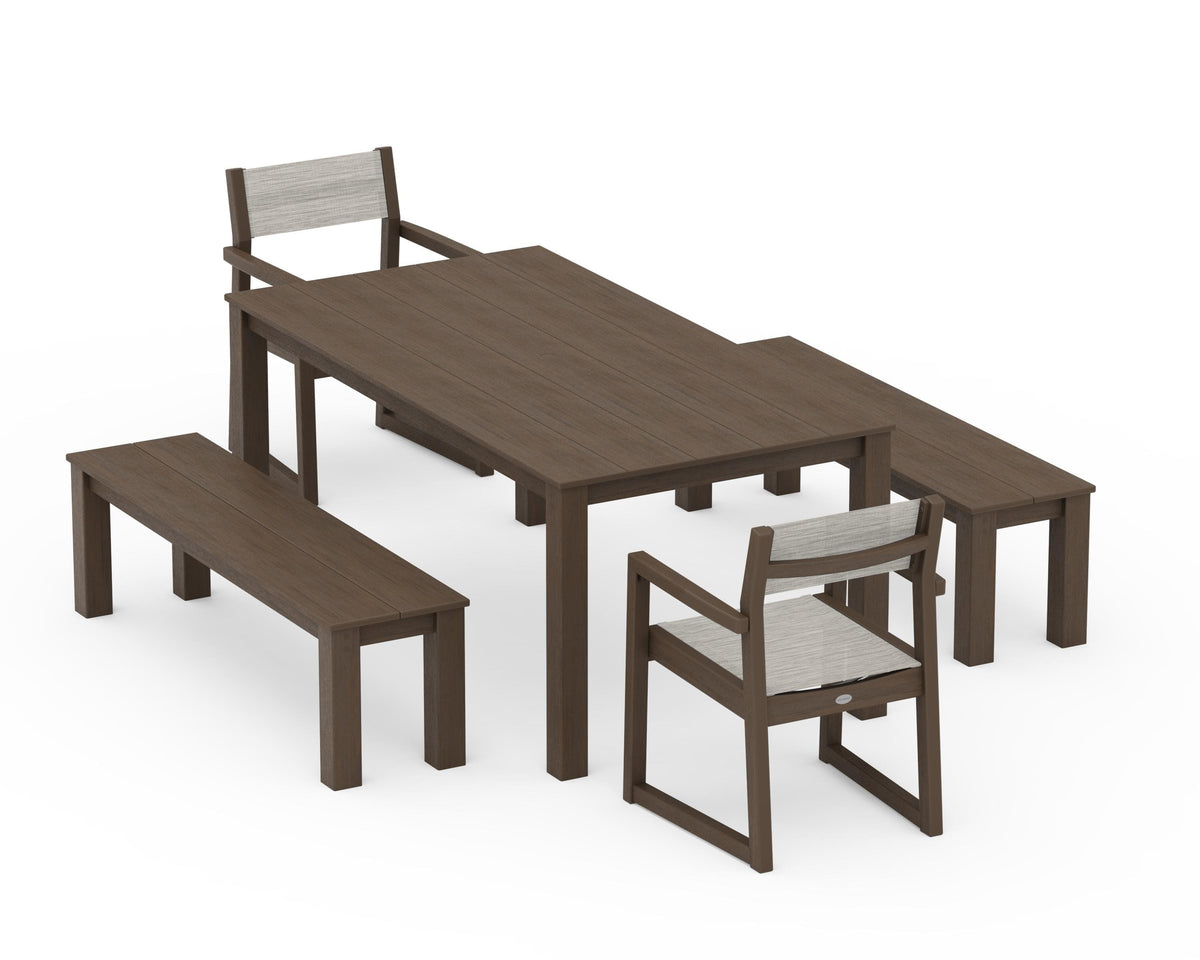 POLYWOOD EDGE Sling Arm Chair 5-Piece Parsons Dining Set with Benches in Kona / Birch