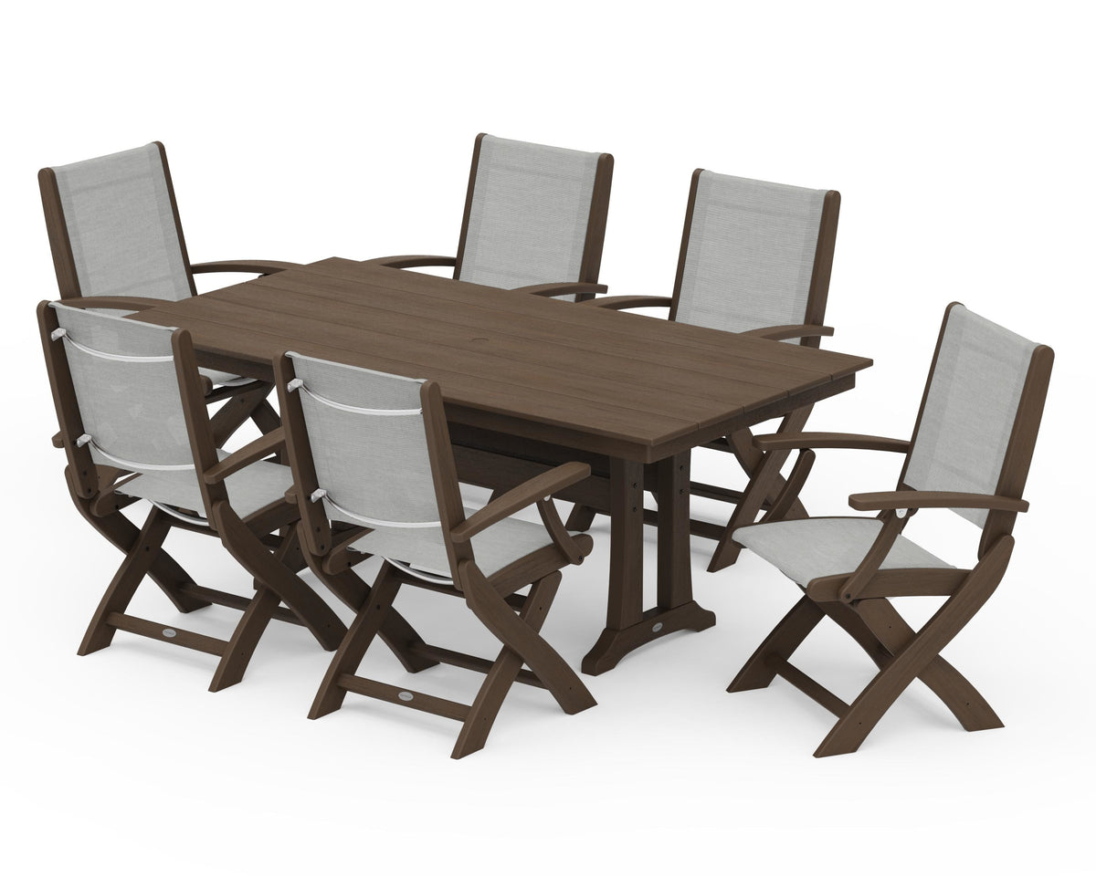 POLYWOOD Coastal Folding Arm Chair 7-Piece Farmhouse Dining Set with Trestle Legs in Kona / Metallic