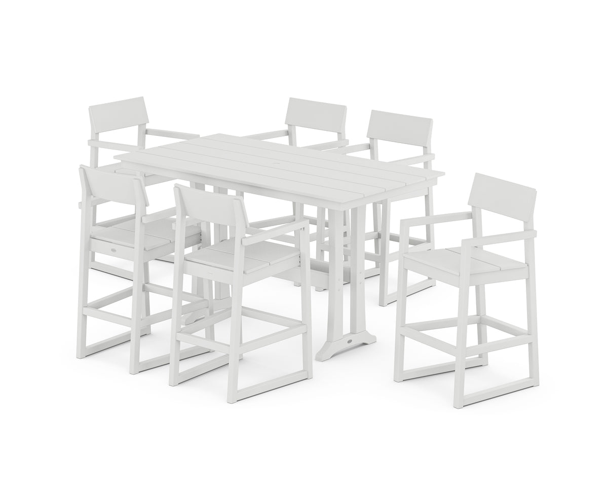 POLYWOOD EDGE Arm Chair 7-Piece Farmhouse Bar Set with Trestle Legs in White